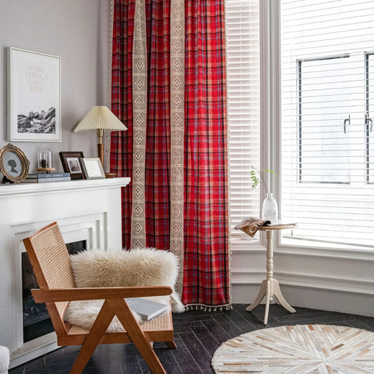 Rideau Vintage Bohème Effet Lin à Carreaux