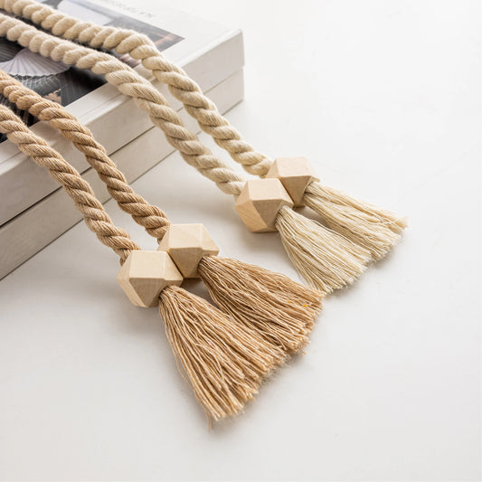 2 wooden bead designed curtain ties, Bohemian wooden beads paired with tassel design with magnetic curtain fasteners