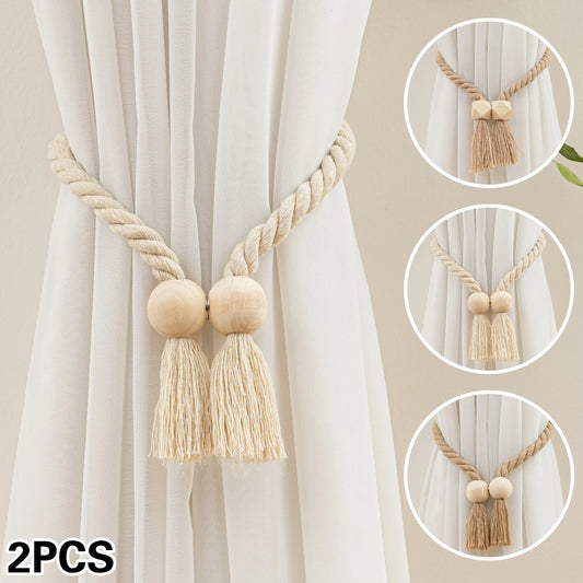 2 wooden bead designed curtain ties, Bohemian wooden beads paired with tassel design with magnetic curtain fasteners